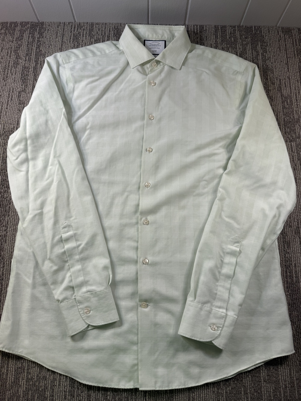 Charles Tyrwhitt Dress Shirt Mens 17/38 Green Check Slim Fit Non Iron Cotton LS